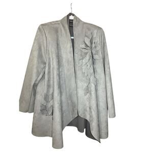 Vintage Cartise Gray Open Front Faux Suede Jacket w/ 3D Floral Appliqué Size 10